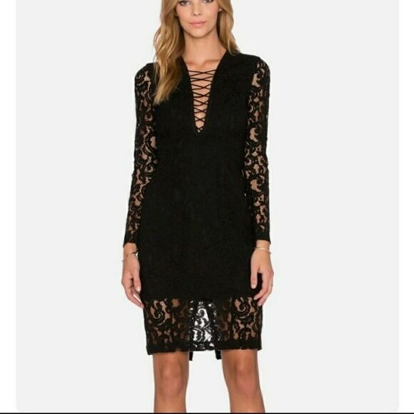 BARDOT PLUNGE LACE MIDI DRESS. - Picture 1 of 4